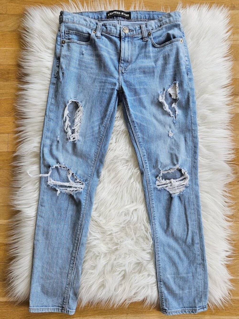 Express Women's Mid Rise Girlfriend Jeans Denim Distressed Ripped Blue Size 2
